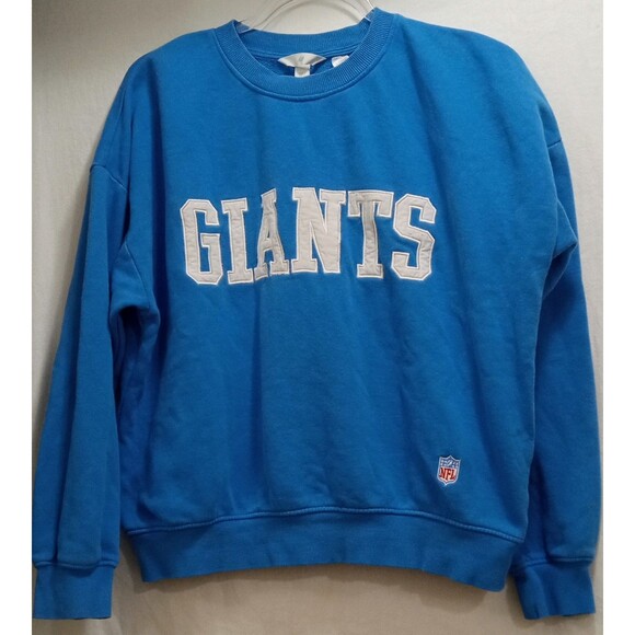 H&M NFL Women's Blue NY GIANTS Small Sweatshirt Embroidered Patch Front EUC - Picture 1 of 7